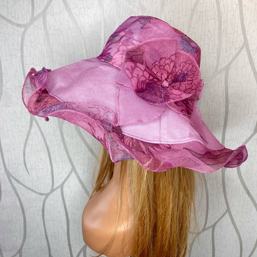 🎀🌷 Mauve Pink Floral Elegant Ruffle Trim Sun Hat 🌷🎀 NWT - Picture 8 of 15